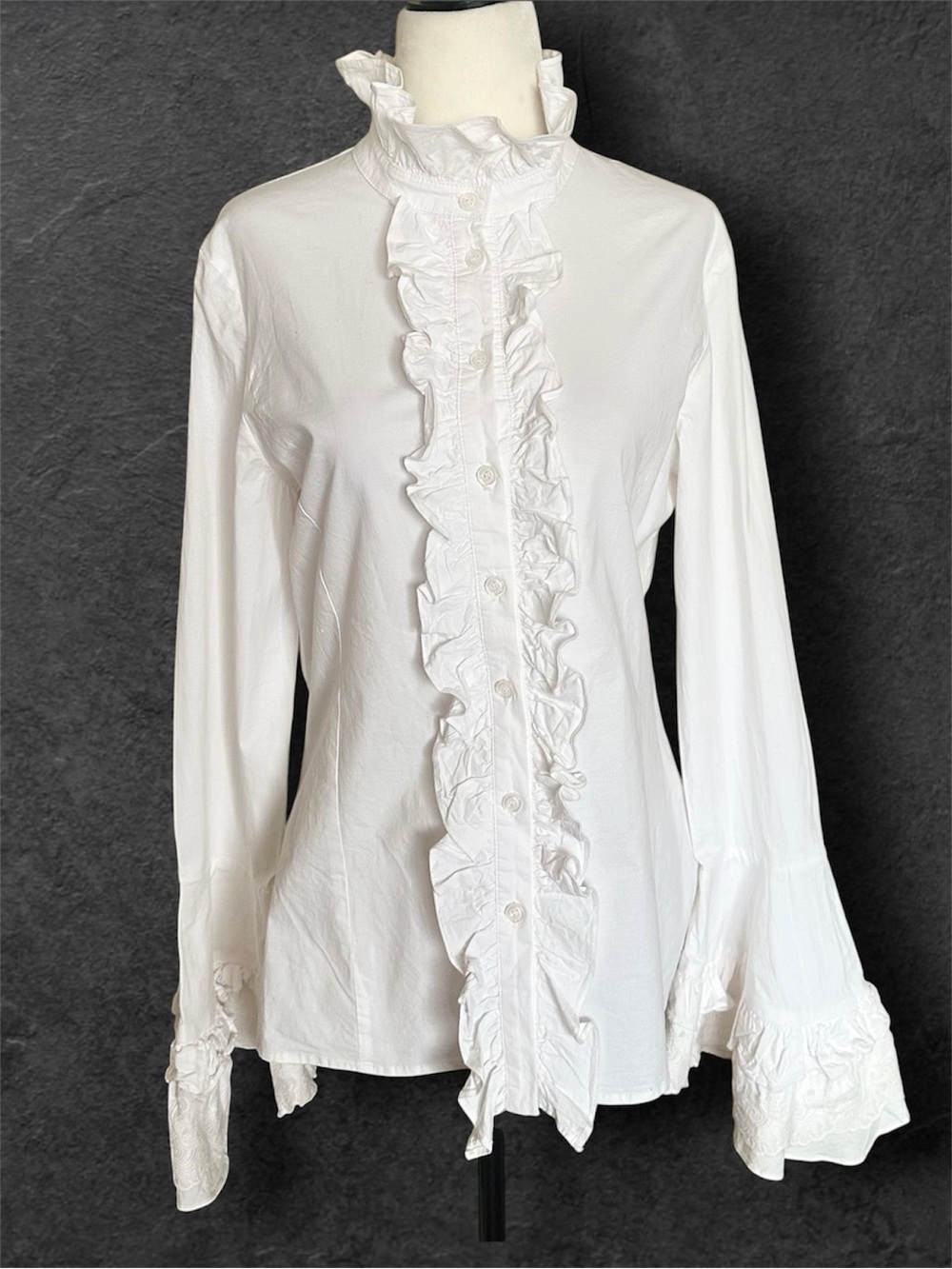 TOV White Cotton Poplin Victorian Style Ruffle Front Blouse 44